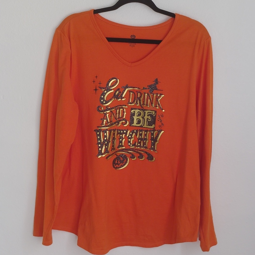 Halloween Graphic Women's Cotton Top "Eat Drink and Be Witchy" Sz XL Glittery